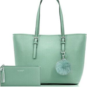 Green Vegan Leather Tote with Matching Wallet and Bag Charm